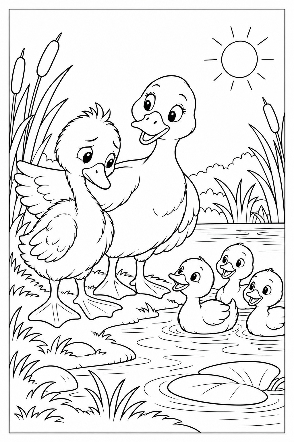 The fluffy young bird lowers his head beside Mother Duck, who holds a wing close to him. Three smaller ducklings swim together near the bank.