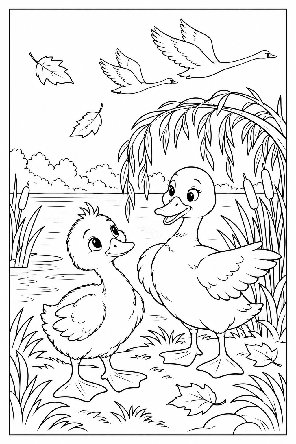 The young bird and a friendly adult duck stand beneath a willow beside a larger pond. Autumn leaves fall while two swans fly overhead.