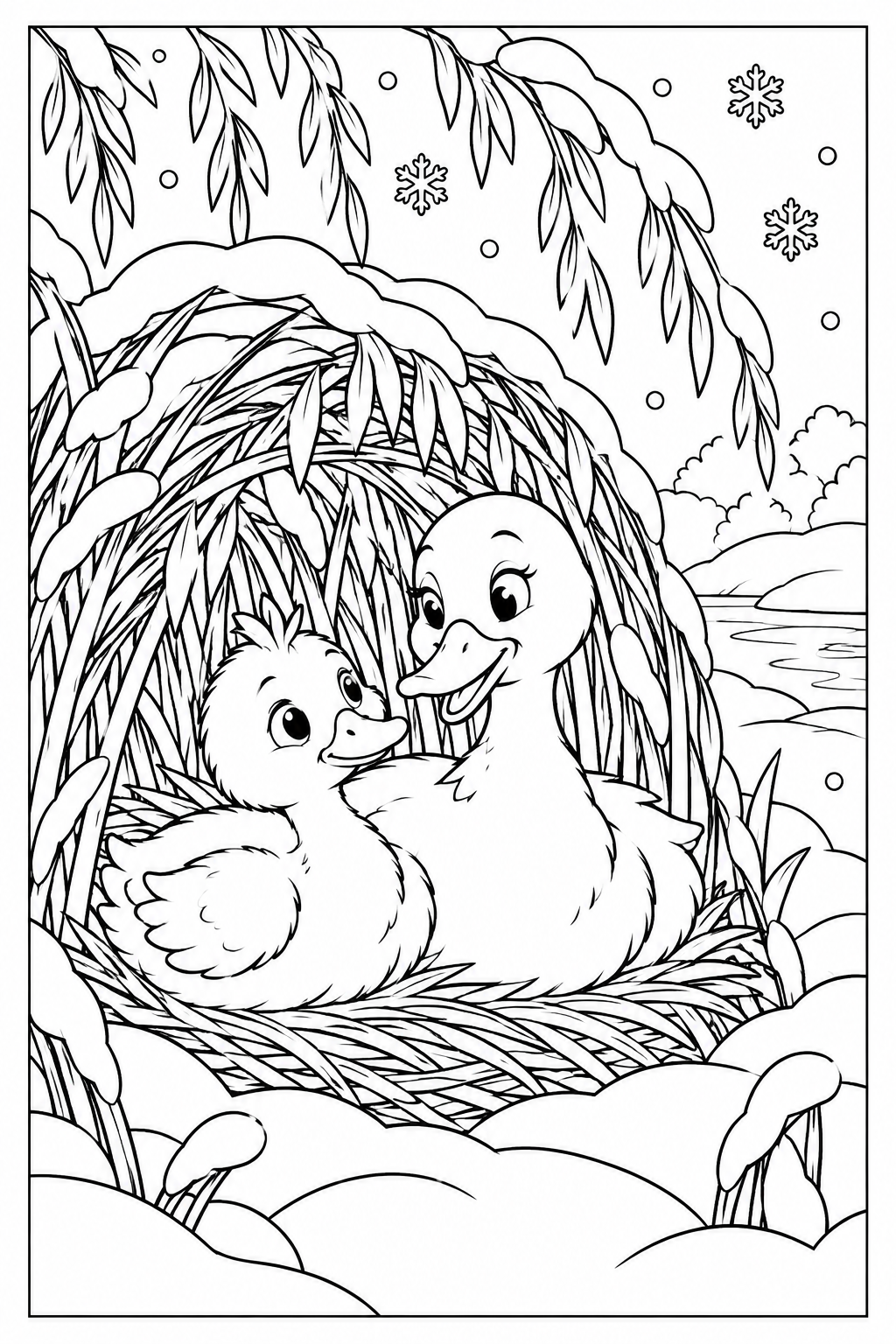 The young bird and his duck friend rest together in a reed shelter beneath snowy willow branches. Snowflakes fall outside beside the pond.