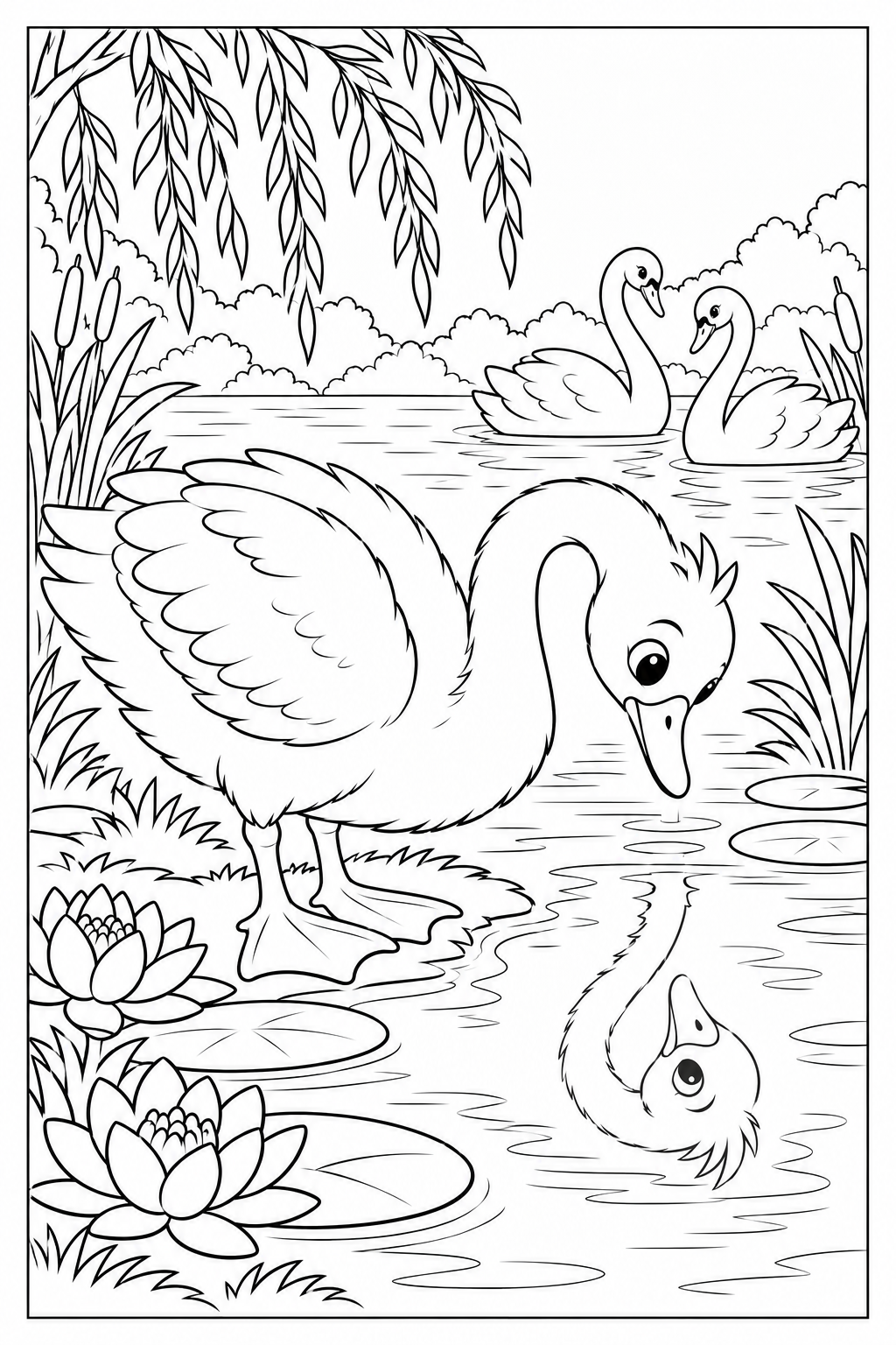 Now a long-necked young swan, the main character bends over still water and sees his upside-down reflection. Two other swans float behind him among spring leaves and water lilies.