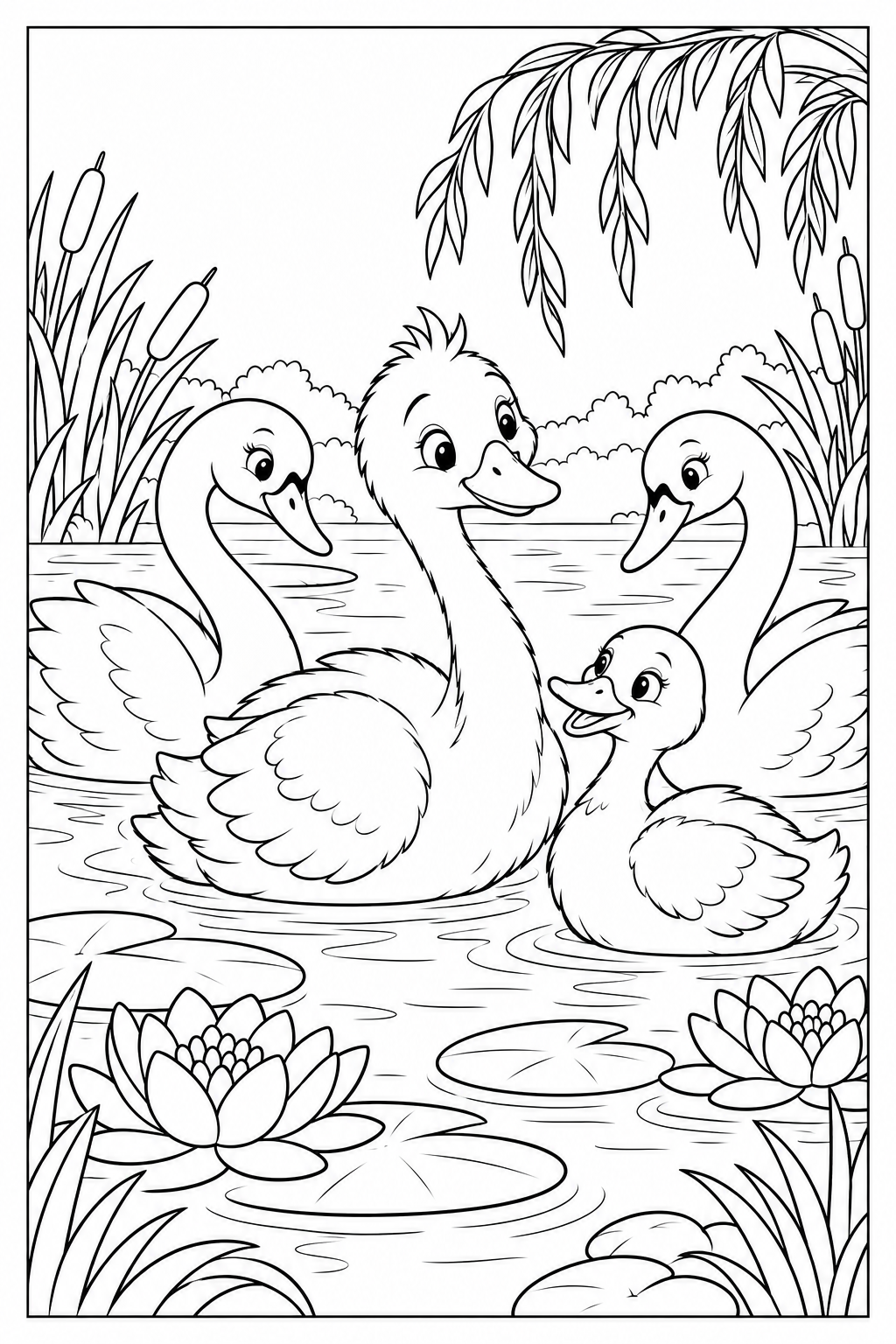 The young swan swims between two other swans and his smaller duck friend. All four birds share the pond, with reeds, lily leaves and flowers around them.