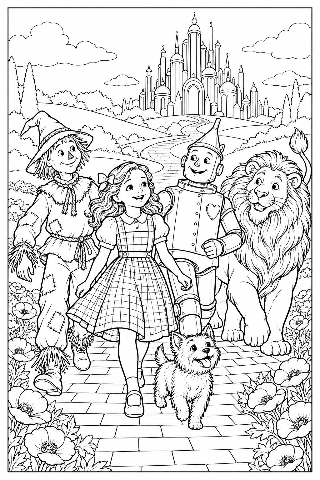 Dorothy and Toto walk along a brick road with the Scarecrow, Tin Woodman and Lion. A city of tall domed towers rises behind them, with poppies beside the road. Black outlines, white coloring spaces and a complete frame.