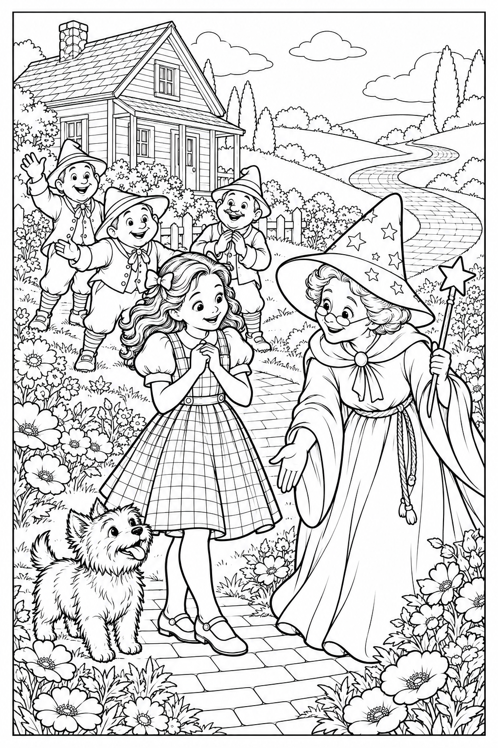 Dorothy and Toto meet the Good Witch of the North beside a wooden farmhouse. Three small villagers wave near the house, and a brick road winds through the flowers.