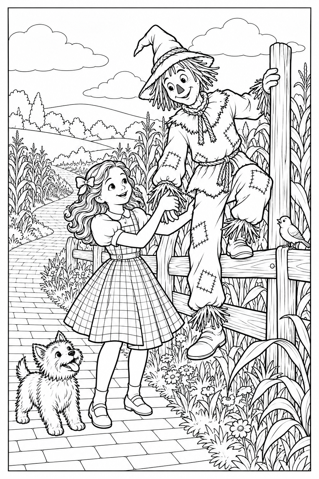 Dorothy helps a smiling Scarecrow step down from a wooden pole beside a cornfield. Toto watches near the fence, with the brick road and hills beyond.