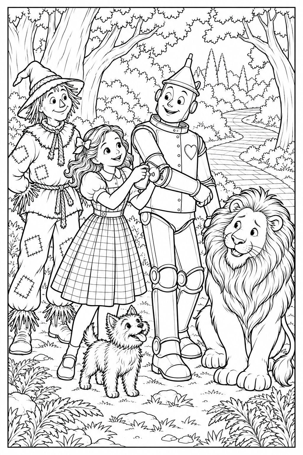 Dorothy uses an oil can on the Tin Woodman’s elbow in a leafy clearing. The Scarecrow watches, while a friendly Lion and Toto stand nearby.