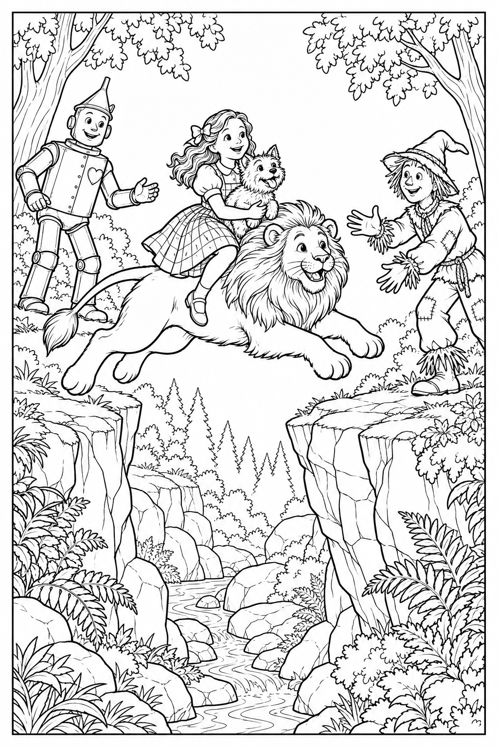 The Lion leaps across a rocky gap carrying Dorothy, who holds Toto. The Scarecrow waits on the far bank, while the Tin Woodman stands on the bank behind them.
