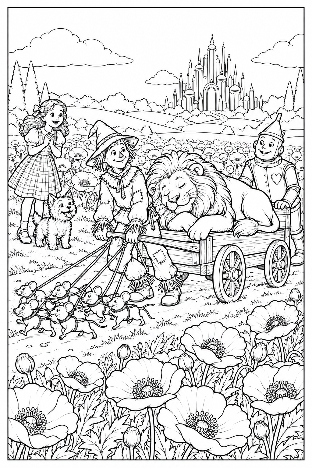 A sleeping Lion lies on a wooden cart among poppies. Field mice pull its ropes while the Scarecrow and Tin Woodman help; Dorothy and Toto stand beyond the flowers.