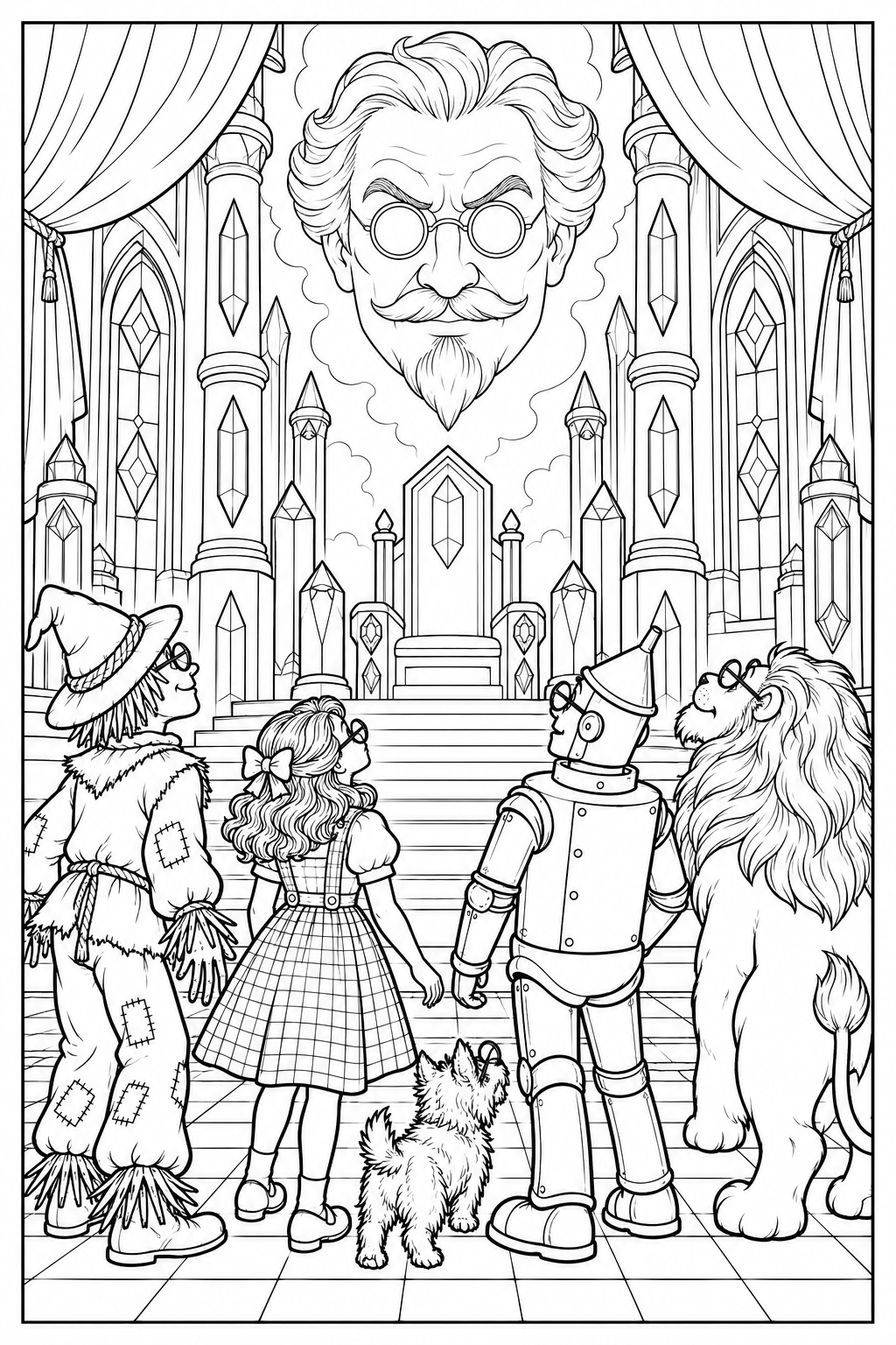 Dorothy and her companions wear round spectacles in an ornate palace hall. They face a huge floating head above a throne, framed by curtains and arched windows.