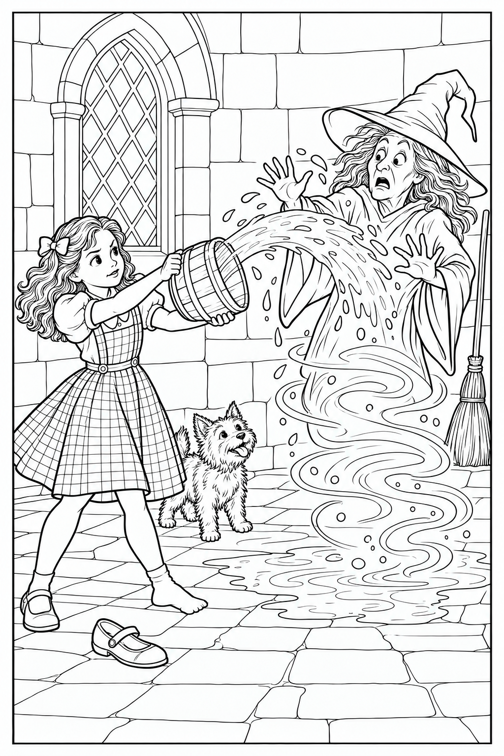Dorothy holds a tipped bucket as water splashes toward the Witch in a castle room. The Witch’s long robe fades into curling wisps above a puddle, with her pointed hat overhead and Toto nearby.