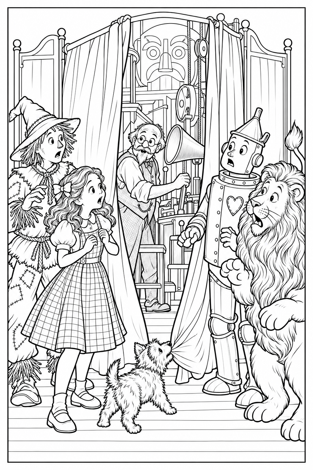 Toto pulls a curtain aside to reveal a small older man operating levers and a speaking trumpet. Dorothy, the Scarecrow, Tin Woodman and Lion look at him in surprise.