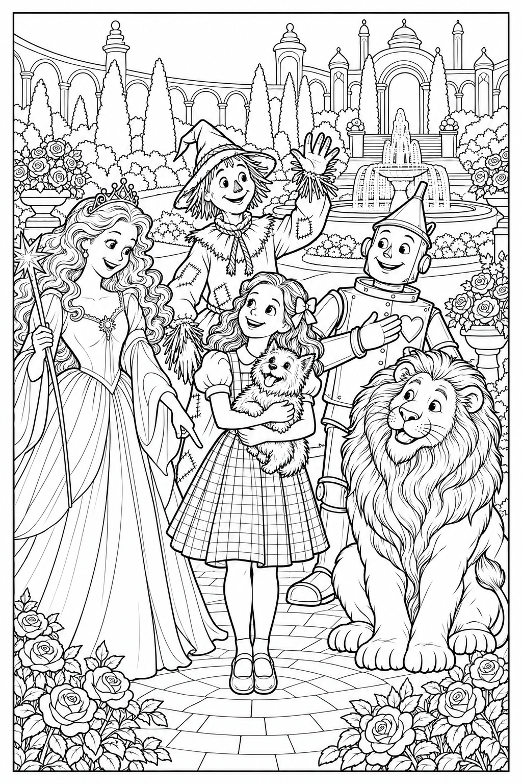 In a garden beside a palace, Glinda speaks to Dorothy, who holds Toto and brings her silver heels together. The Scarecrow, Tin Woodman and Lion gather close to say goodbye.